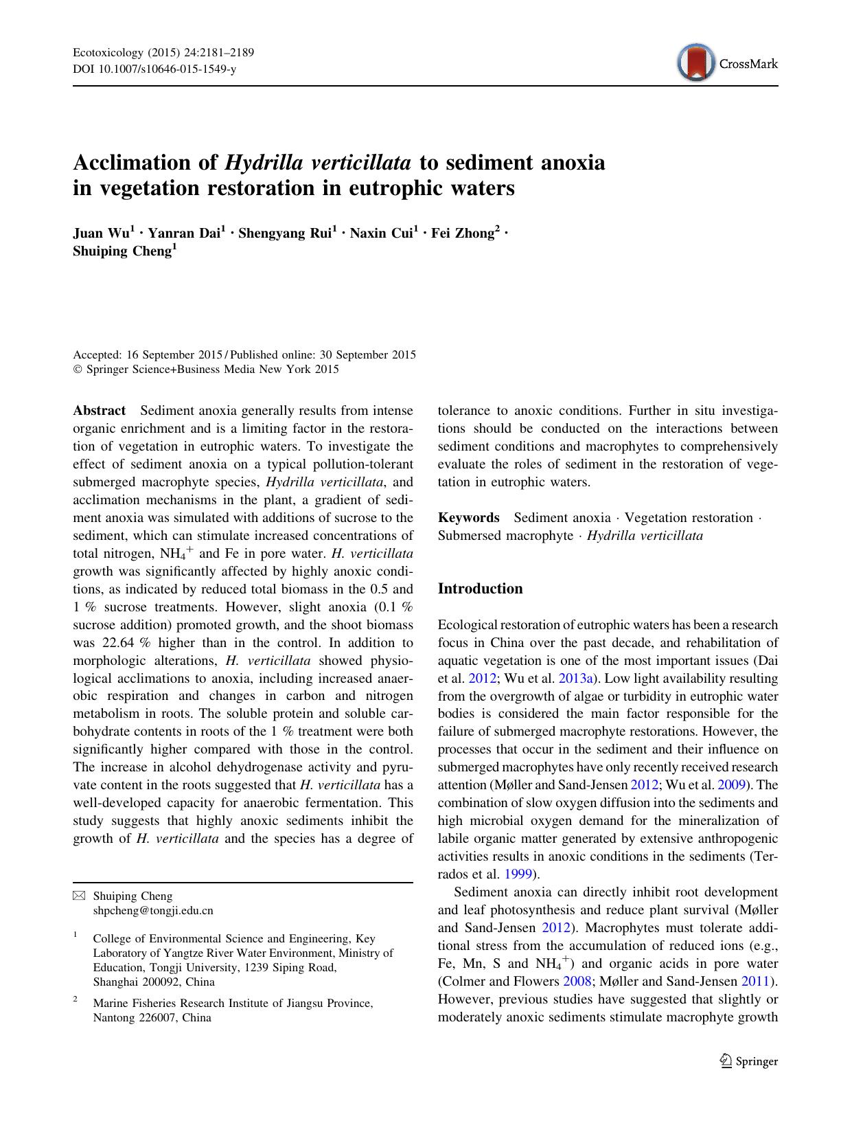 Acclimation of Hydrilla verticillata to sediment anoxia in vegetation restoration in eutrophic waters by Juan Wu & Yanran Dai & Shengyang Rui & Naxin Cui & Fei Zhong & Shuiping Cheng