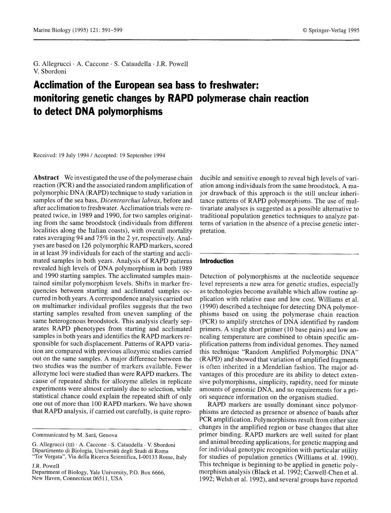 Acclimation of the European sea bass to freshwater: monitoring genetic changes by RAPD polymerase chain reaction to detect DNA polymorphisms by Unknown