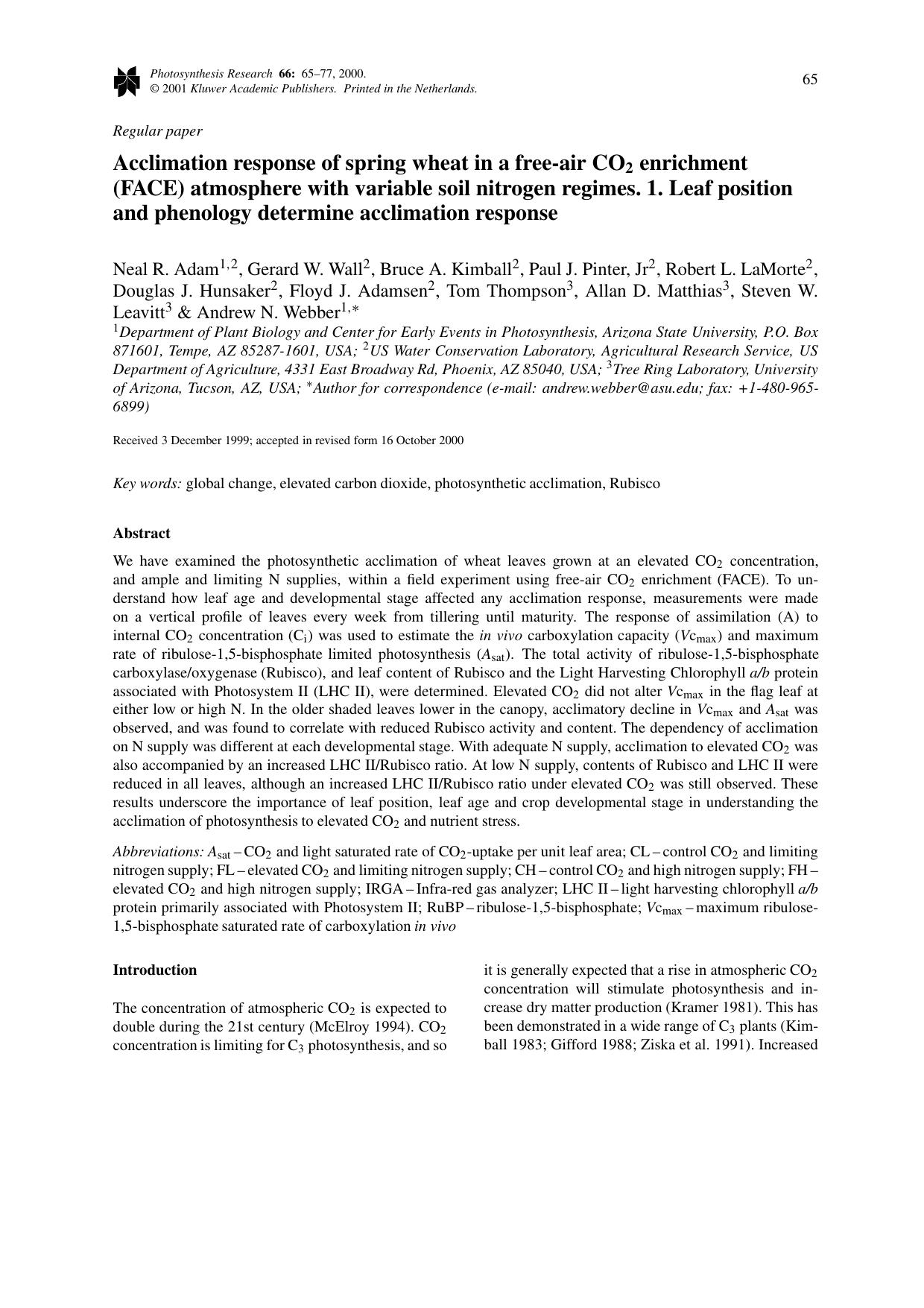 Acclimation response of spring wheat in a free-air CO2 enrichment (FACE) atmosphere with variable soil nitrogen regimes. 1. Leaf position and phenology determine acclimation response by Unknown
