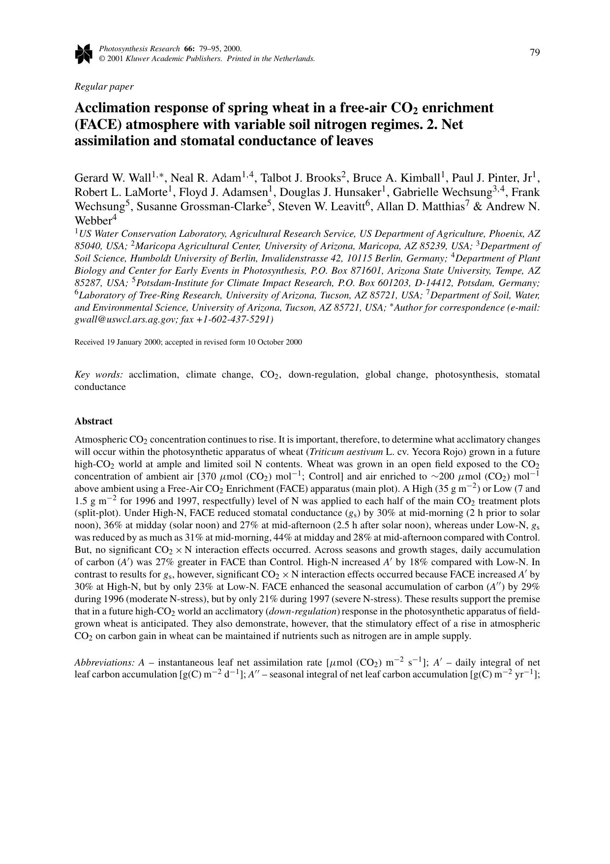 Acclimation response of spring wheat in a free-air CO2 enrichment (FACE) atmosphere with variable soil nitrogen regimes. 2. Net assimilation and stomatal conductance of leaves by Unknown