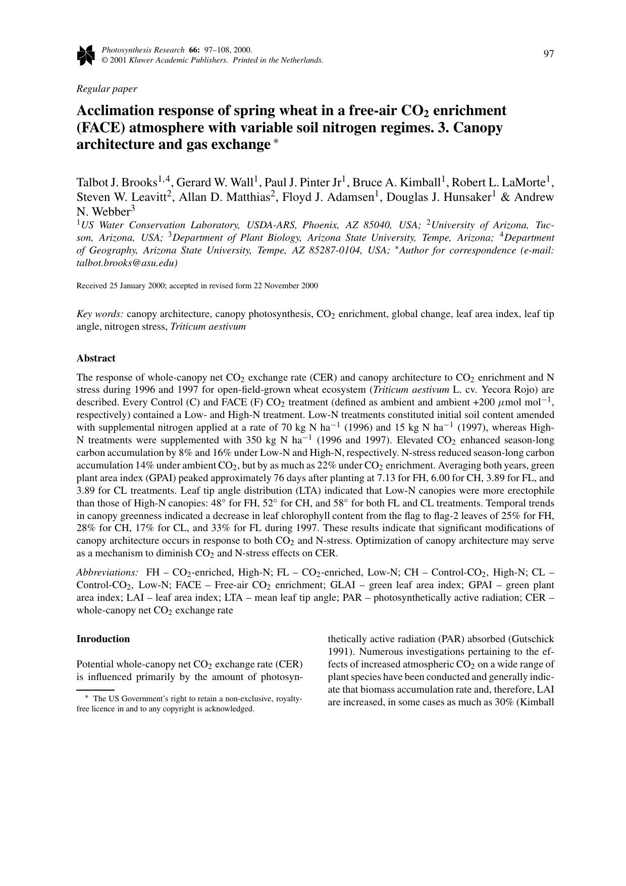 Acclimation response of spring wheat in a free-air CO2 enrichment (FACE) atmosphere with variable soil nitrogen regimes. 3. Canopy architecture and gas exchange by Unknown