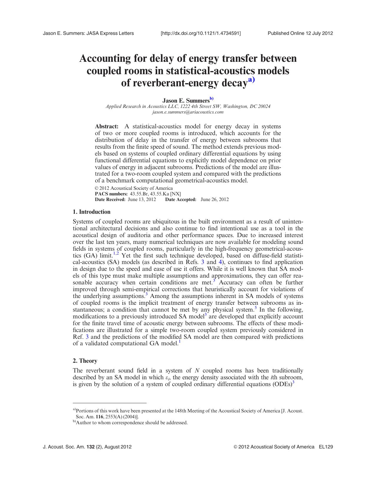 Accounting for delay of energy transfer between coupled rooms in statistical-acoustics models of reverberant-energy decaya) by Jason E. Summersb)