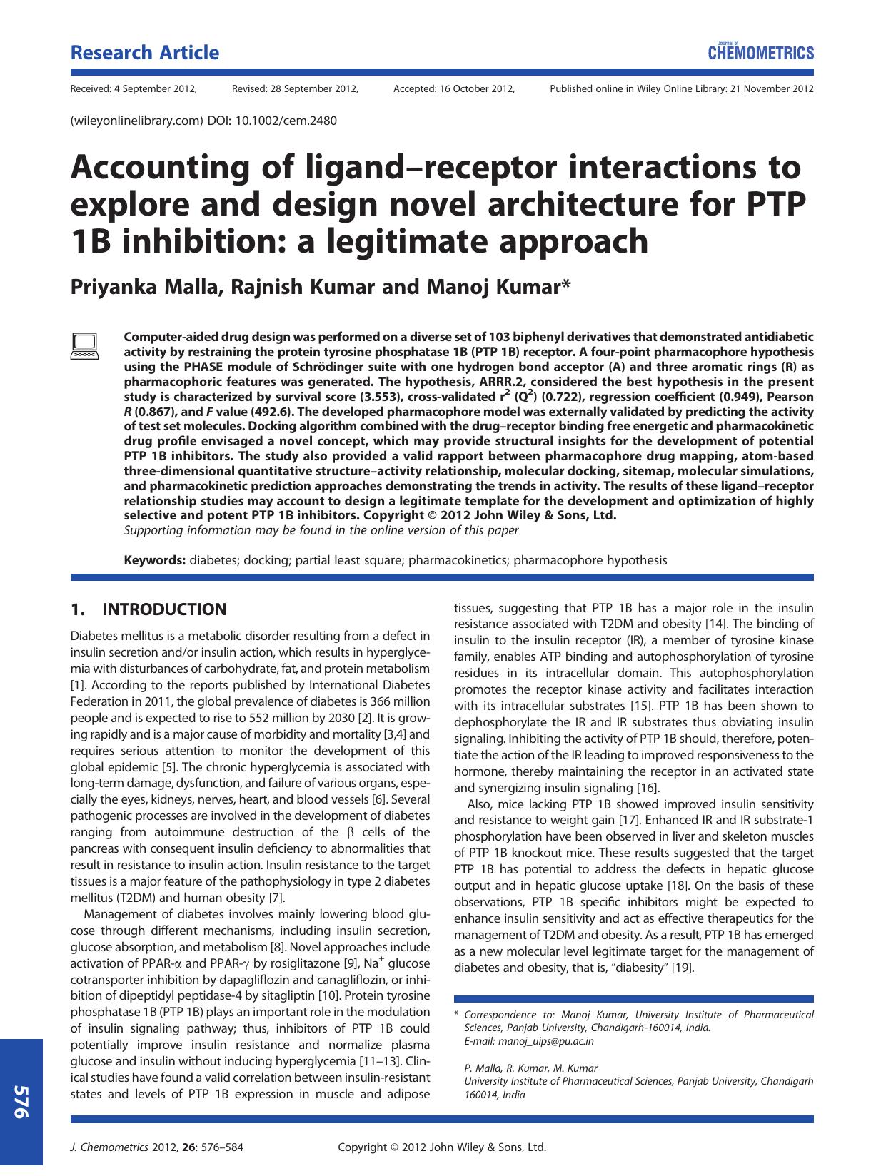 Accounting of ligandreceptor interactions to explore and design novel architecture for PTP 1B inhibition: a legitimate approach by Unknown