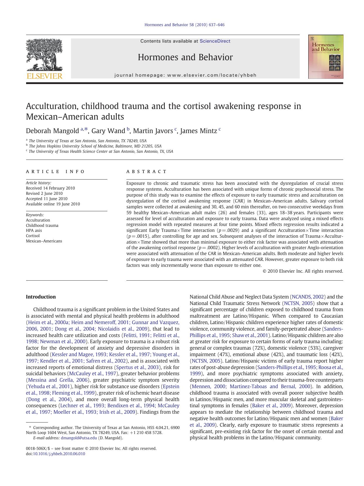 Acculturation, childhood trauma and the cortisol awakening response in MexicanâAmerican adults by Deborah Mangold & Gary Wand & Martin Javors & James Mintz