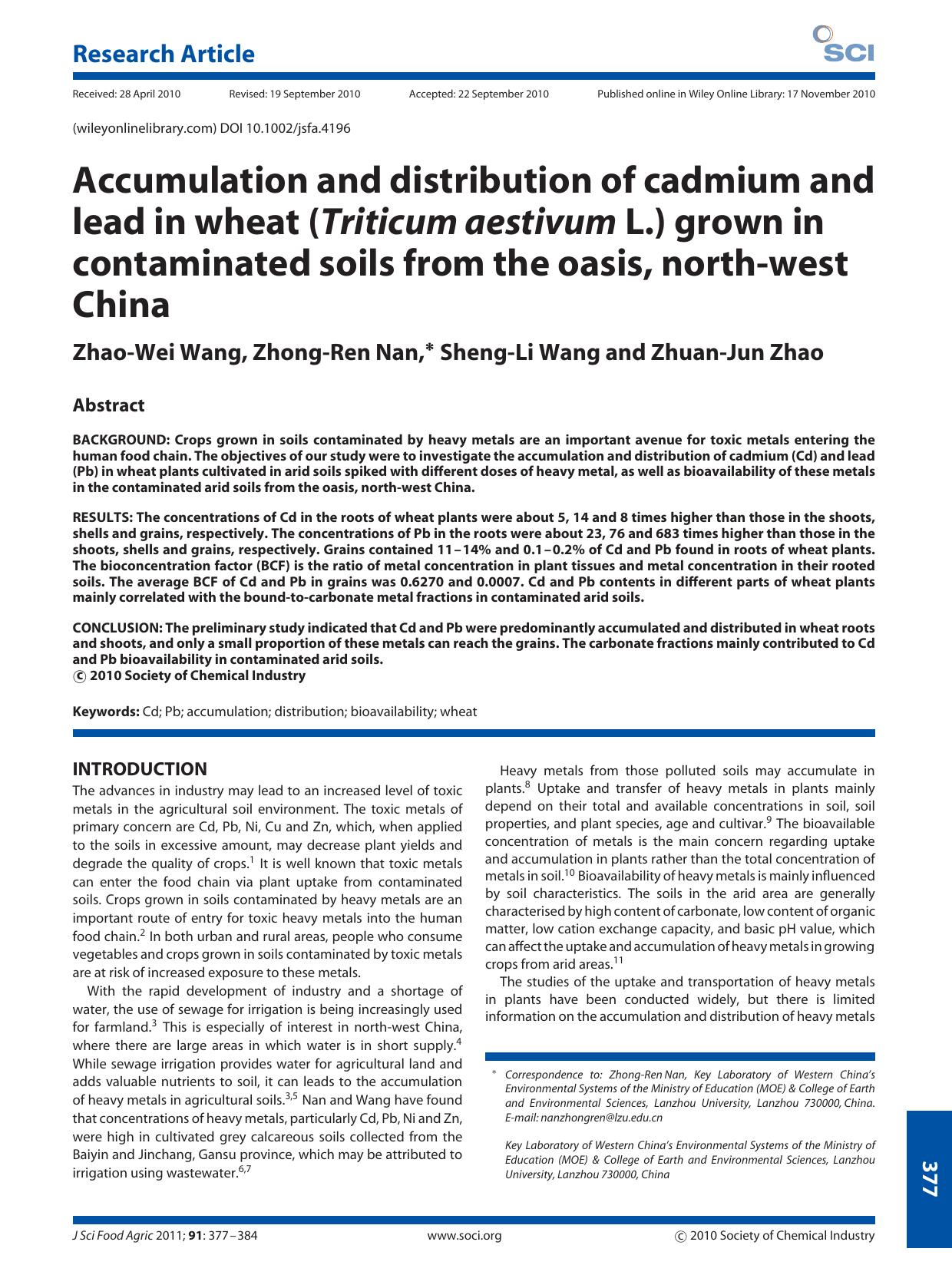 Accumulation and distribution of cadmium and lead in wheat (Triticum aestivum L.) grown in contaminated soils from the oasis, northwest China by Unknown