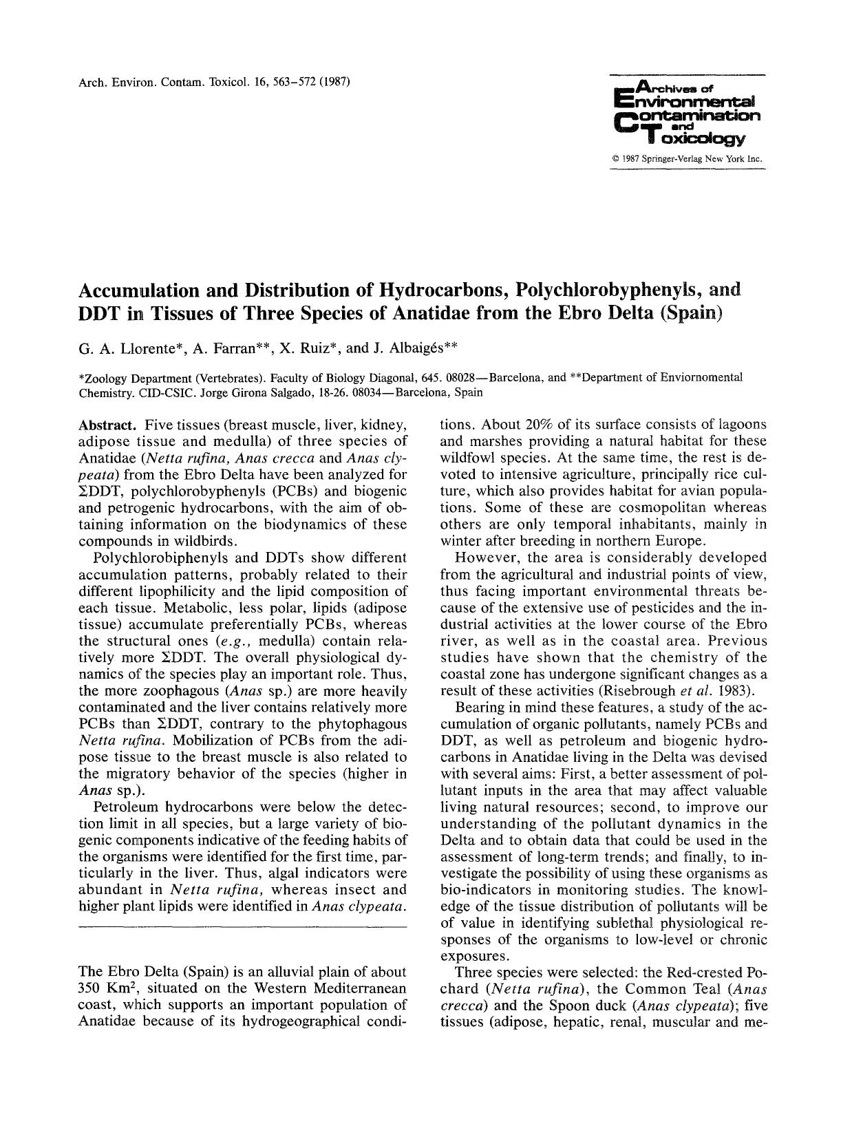 Accumulation and distribution of hydrocarbons, polychlorobyphenyls, and DDT in tissues of three species of Anatidae from the Ebro Delta (Spain) by Unknown