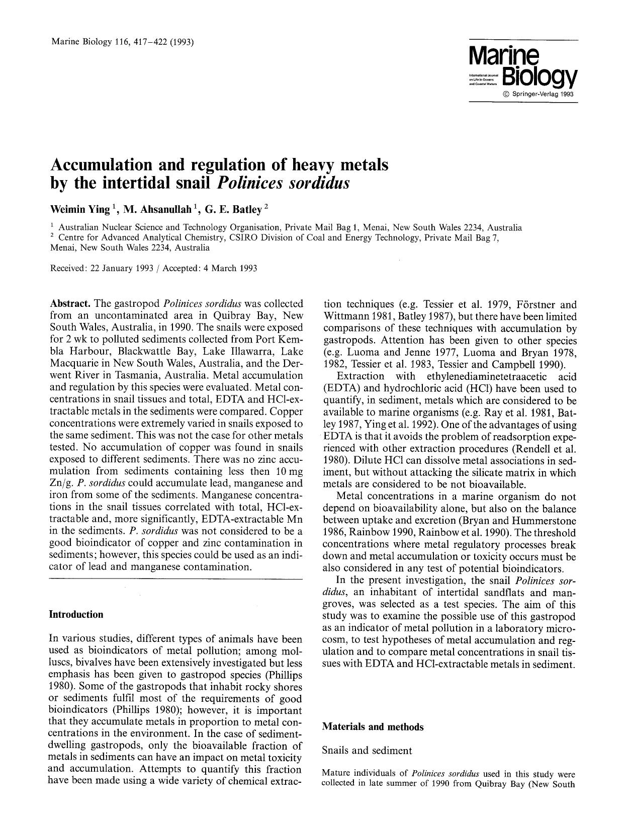 Accumulation and regulation of heavy metals by the intertidal snail <Emphasis Type="Italic">Polinices sordidus<Emphasis> by Unknown