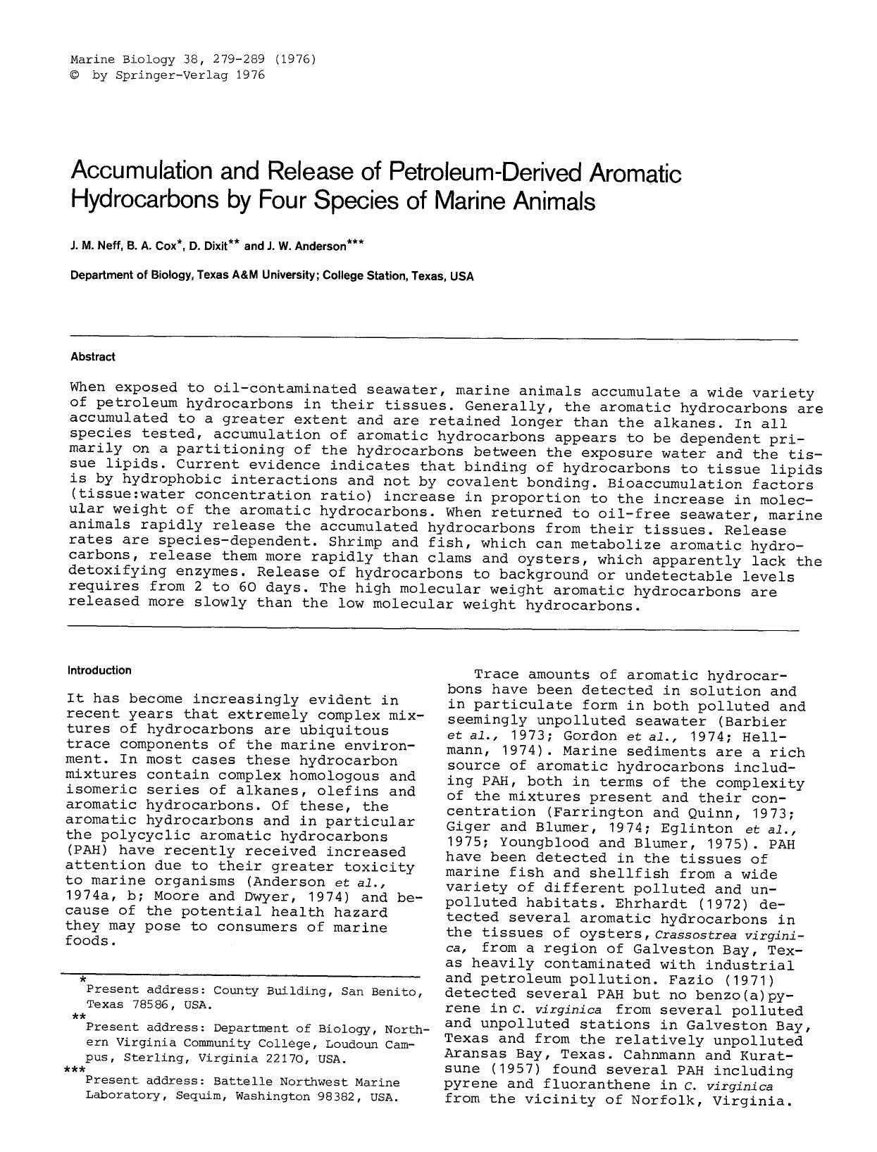 Accumulation and release of petroleum-derived aromatic hydrocarbons by four species of marine animals by Unknown