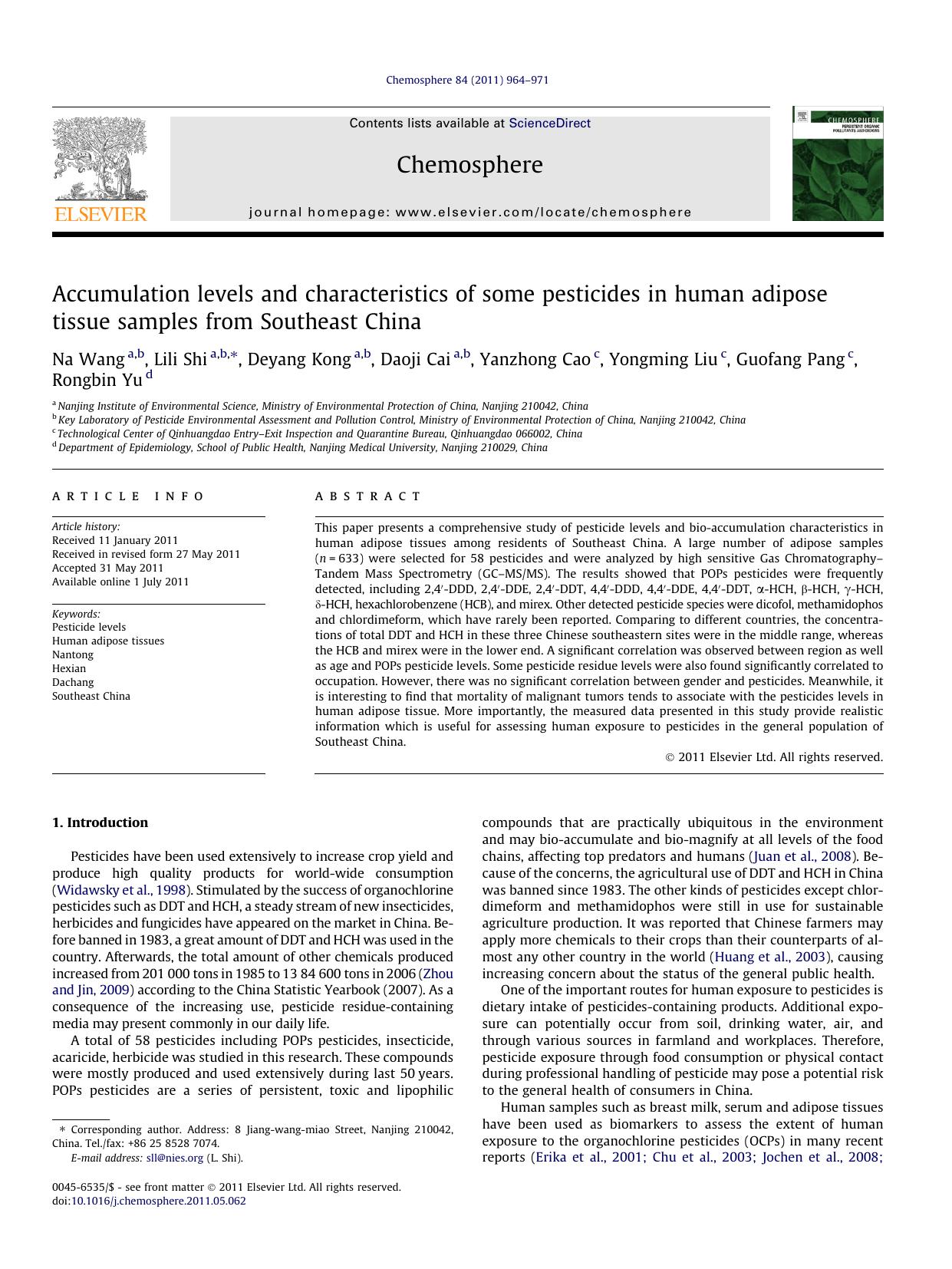 Accumulation levels and characteristics of some pesticides in human adipose tissue samples from Southeast China by unknow