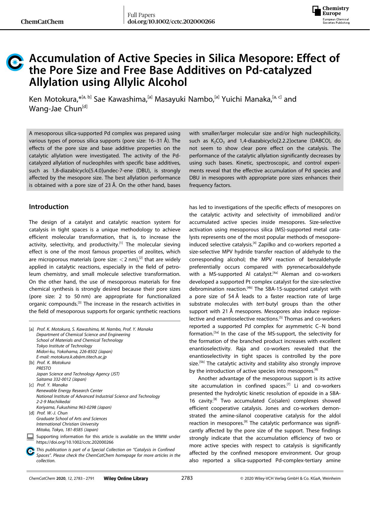 Accumulation of Active Species in Silica Mesopore: Effect of the Pore Size and Free Base Additives on Pdâcatalyzed Allylation using Allylic Alcohol by Unknown