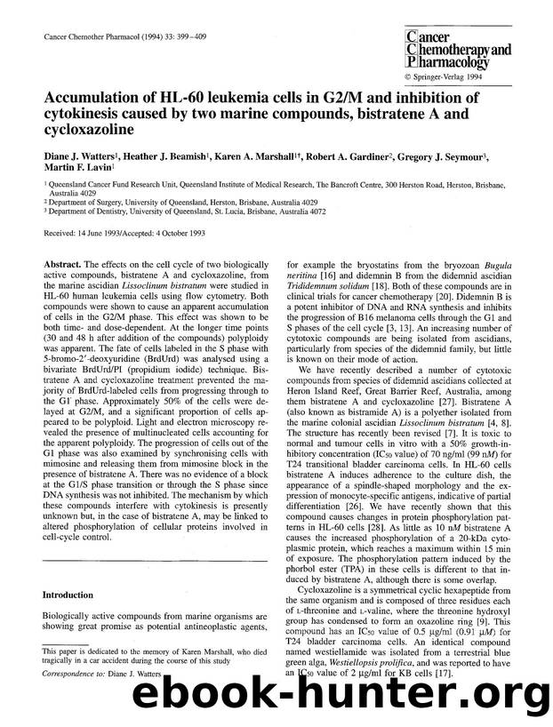 Accumulation of HL-60 leukemia cells in G2M and inhibition of cytokinesis caused by two marine compounds, bistratene A and cycloxazoline by Unknown