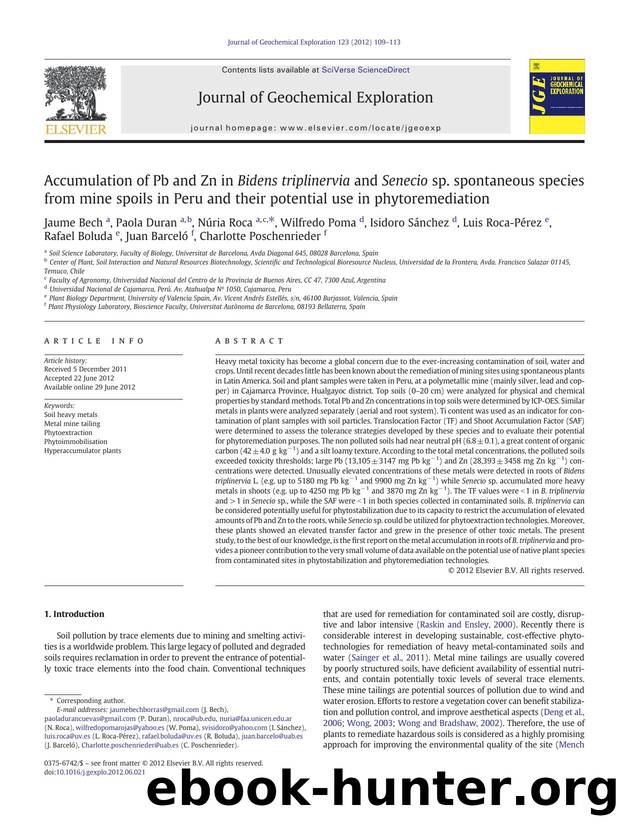 Accumulation of Pb and Zn in Bidens triplinervia and Senecio sp. spontaneous species from mine spoils in Peru and their potential use in phytoremediation by unknow