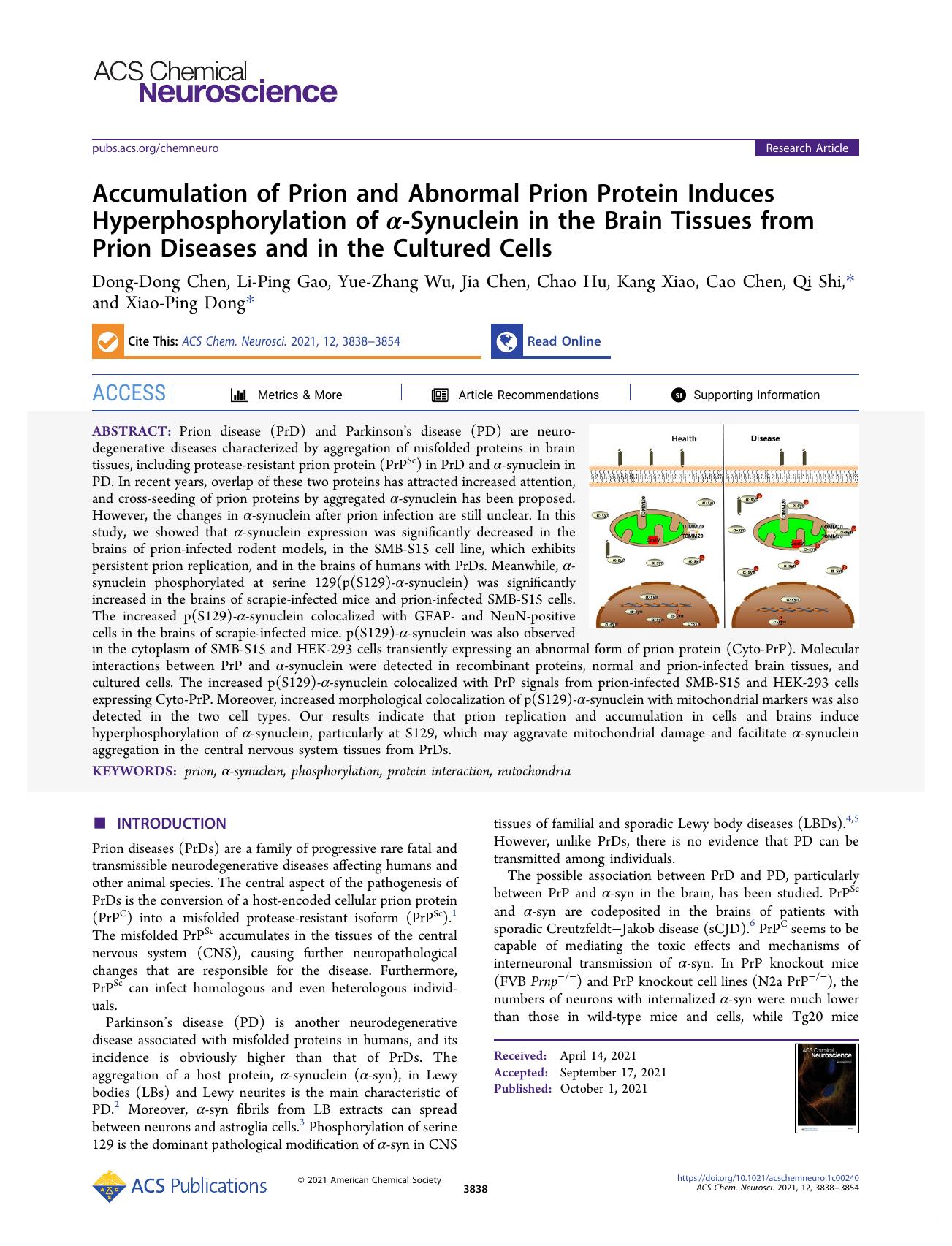Accumulation of Prion and Abnormal Prion Protein Induces Hyperphosphorylation of Î±-Synuclein in the Brain Tissues from Prion Diseases and in the Cultured Cells by unknow