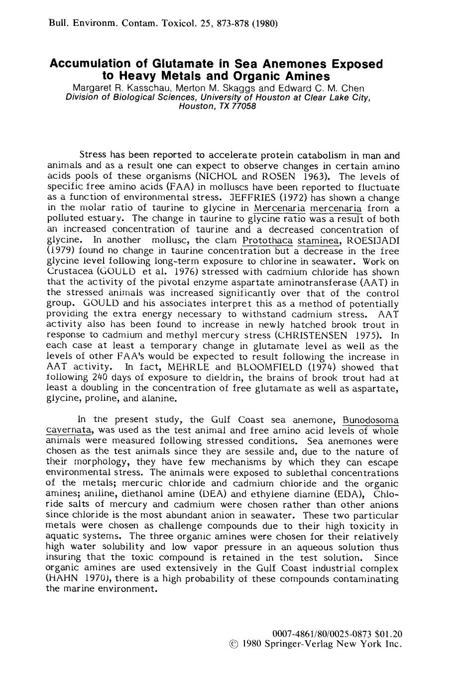 Accumulation of glutamate in sea anemones exposed to heavy metals and organic amines by Unknown