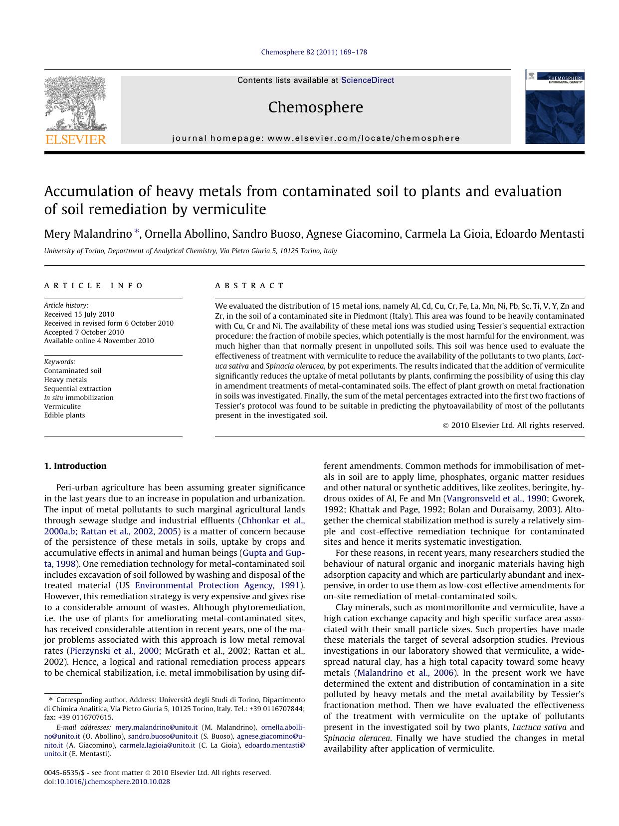 Accumulation of heavy metals from contaminated soil to plants and evaluation of soil remediation by vermiculite by unknow
