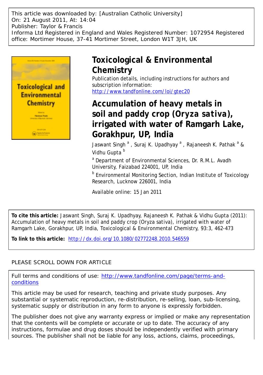 Accumulation of heavy metals in soil and paddy crop (Oryza sativa), irrigated with water of Ramgarh Lake, Gorakhpur, UP, India by unknow