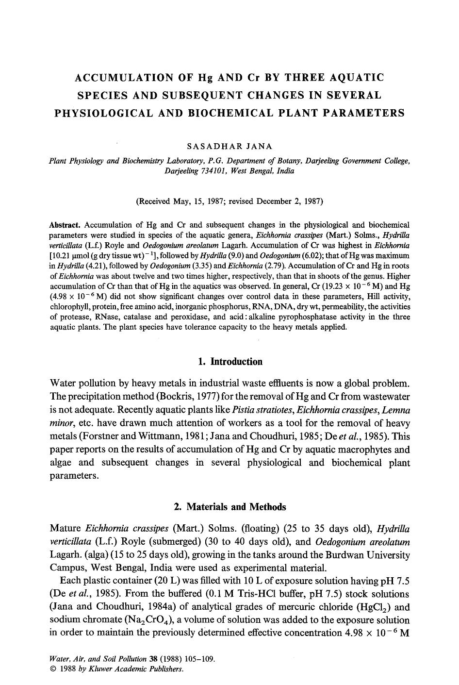 Accumulation of hg and cr by three aquatic species and subsequent changes in several physiological and biochemical plant parameters by Unknown