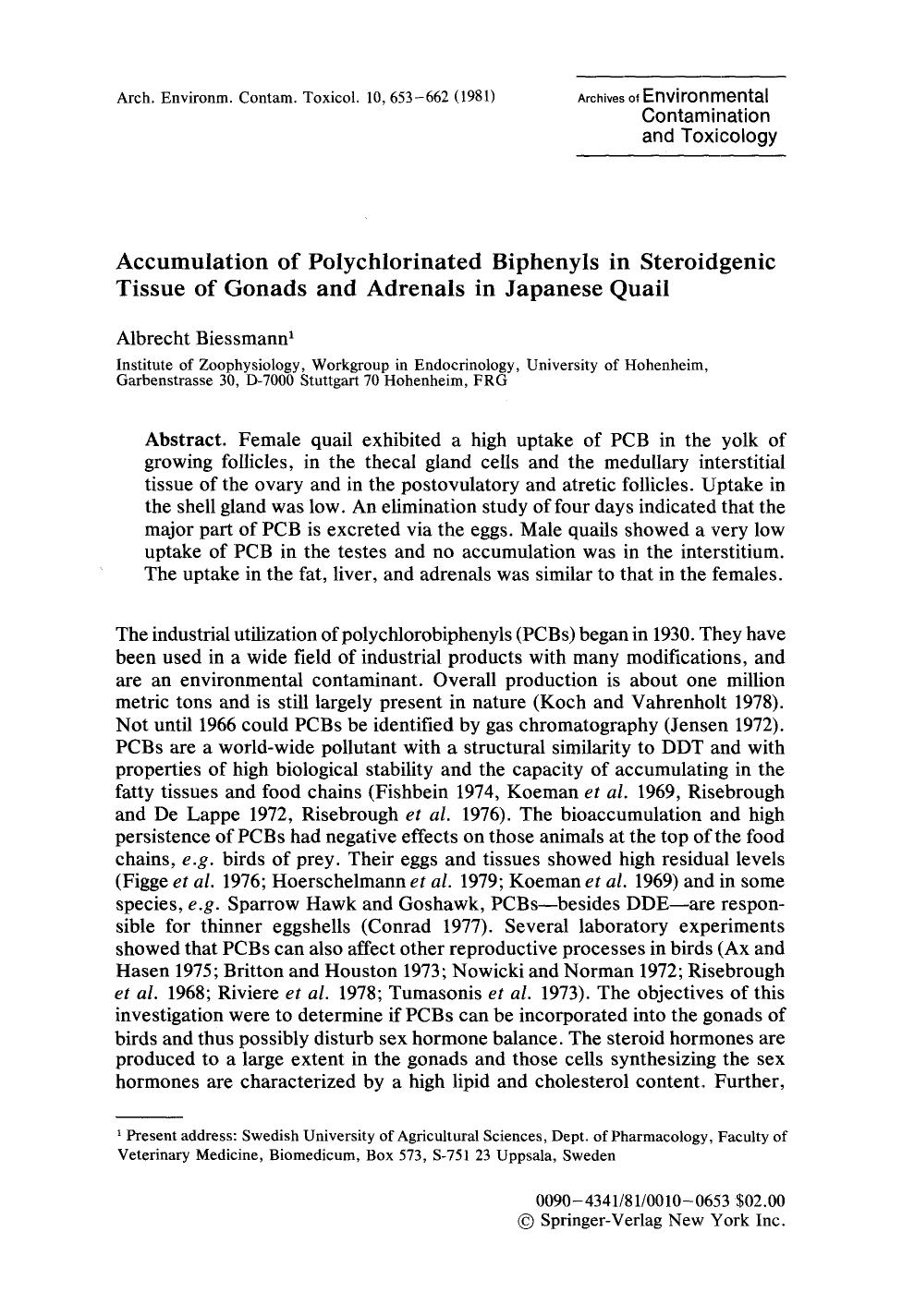 Accumulation of polychlorinated biphenyls in steroidgenic tissue of gonads and adrenals in Japanese quail by Unknown