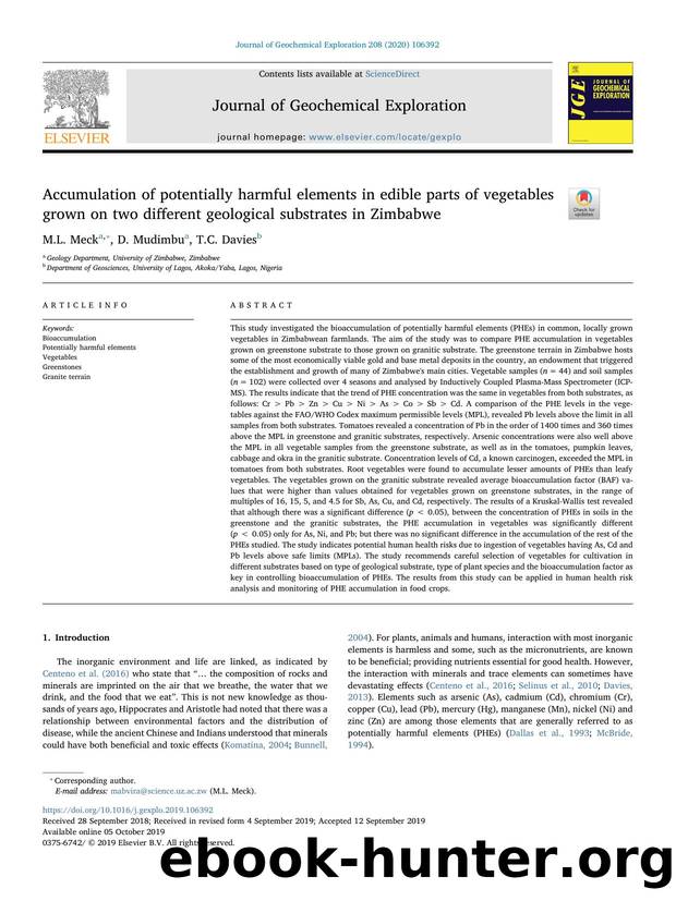 Accumulation of potentially harmful elements in edible parts of vegetables grown on two different geological substrates in Zimbabwe by M.L. Meck & D. Mudimbu & T.C. Davies