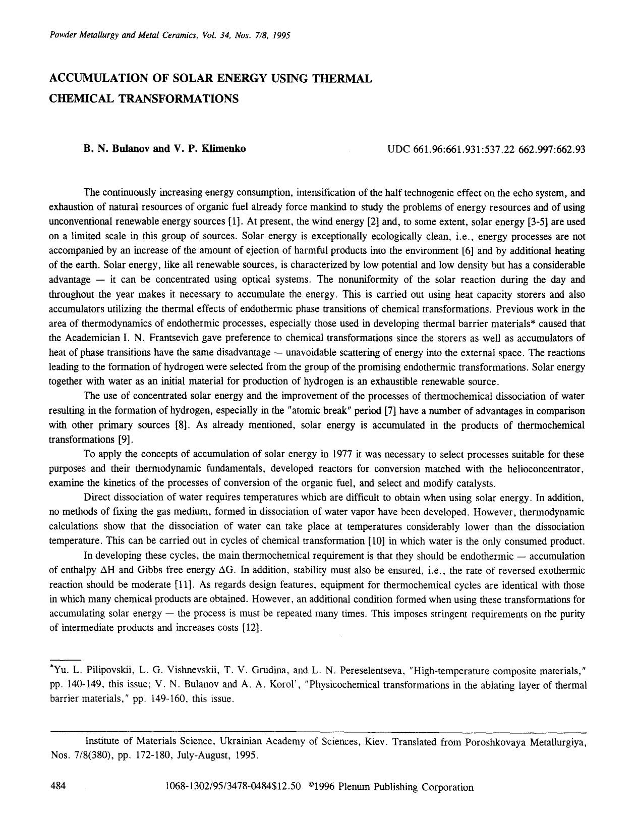 Accumulation of solar energy using thermal chemical transformations by Unknown