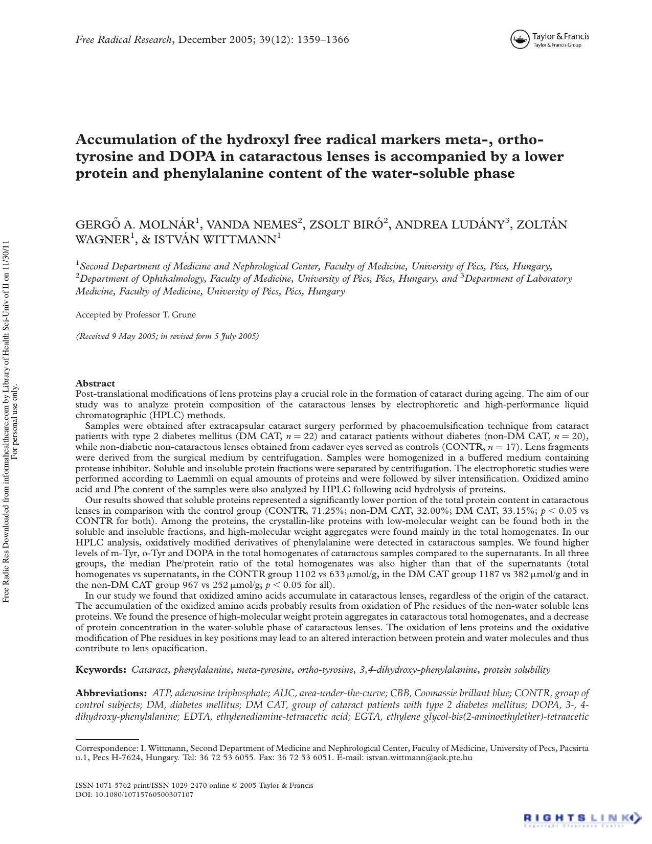 Accumulation of the hydroxyl free radical markers meta-, ortho-tyrosine and DOPA in cataractous lenses is accompanied by a lower protein and phenylalanine content of the water-soluble phase by unknow