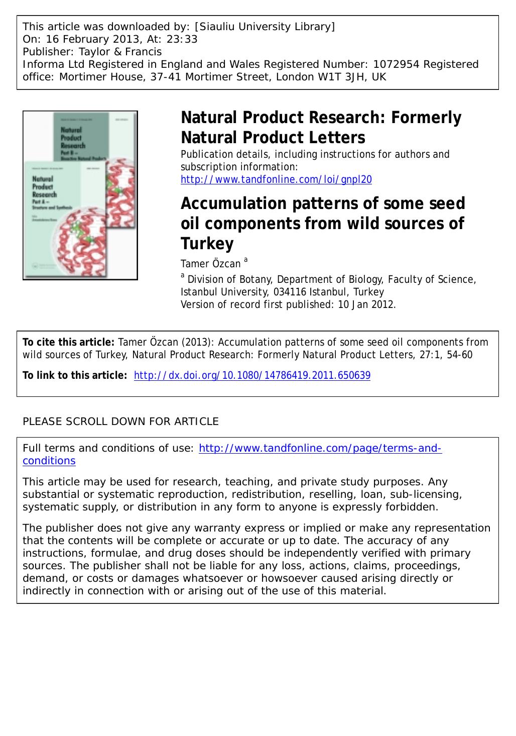 Accumulation patterns of some seed oil components from wild sources of Turkey by Tamer Özcan