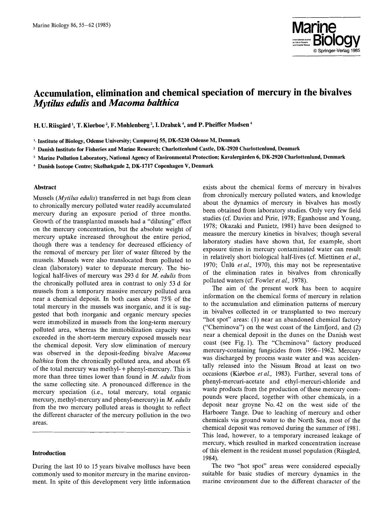 Accumulation, elimination and chemical speciation of mercury in the bivalves <Emphasis Type="Italic">Mytilus edulis<Emphasis> and <Emphasis Type="Italic">Macoma balthica<Emphasis> by Unknown
