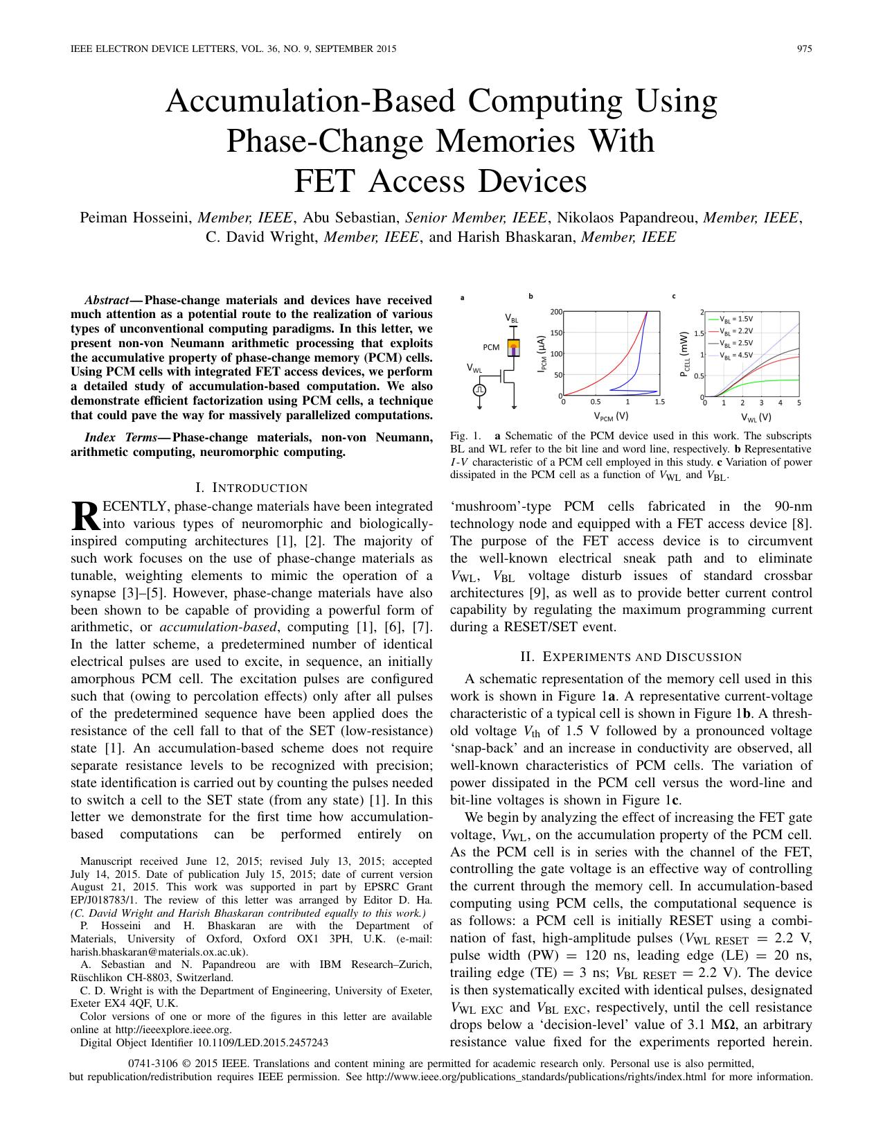 Accumulation-Based Computing Using Phase-Change Memories With FET Access Devices by Peiman Hosseini & Abu Sebastian & Nikolaos Papandreou & C. David Wright & Harish Bhaskaran