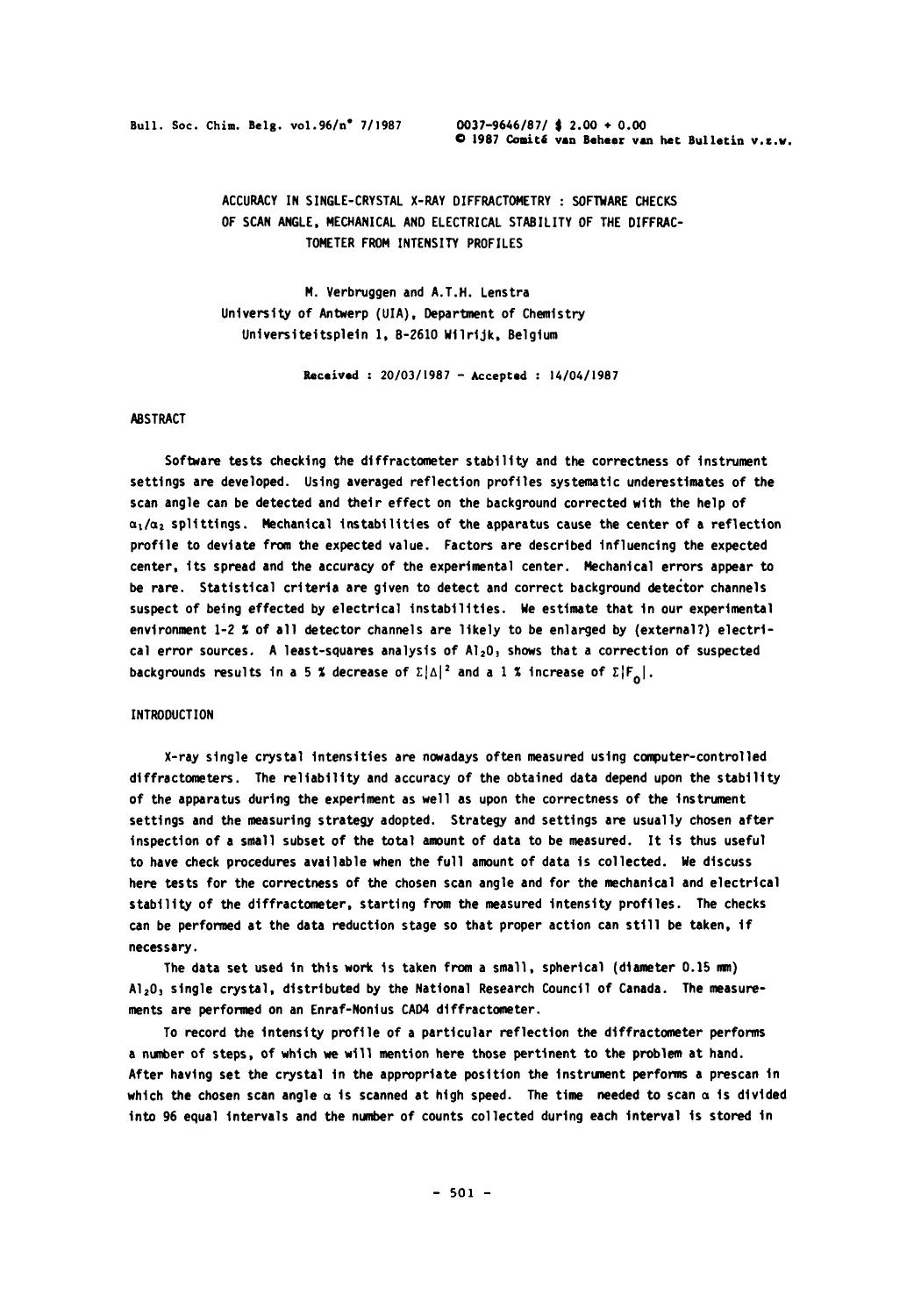 Accuracy in SingleCrystal Xray Diffractometry: Software Checks of Scan Angle, Mechanical and Electrical Stability of the Diffractometer from Intensity Profiles by Unknown