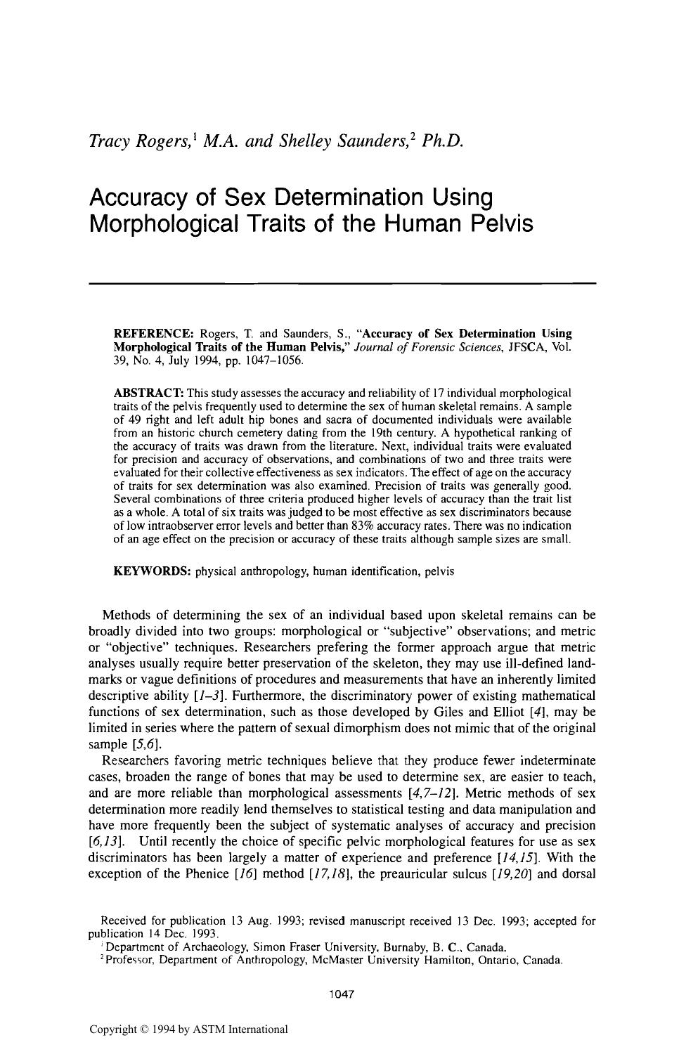 Accuracy of Sex Determination Using Morphological Traits of the Human Pelvis by Rogers T Saunders S