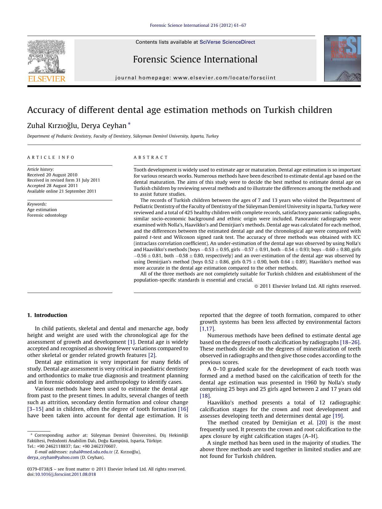 Accuracy of different dental age estimation methods on Turkish children by Zuhal KÄ±rzÄ±oÄŸlu