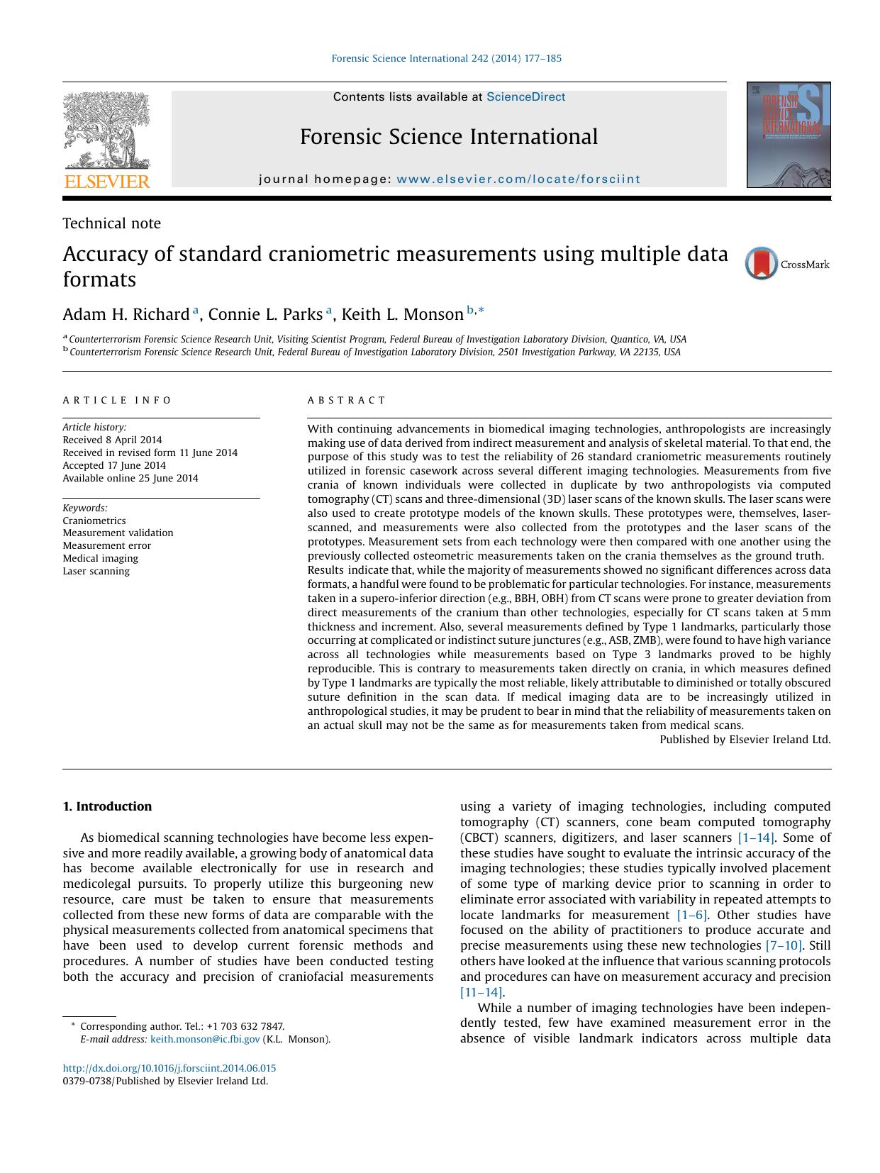 Accuracy of standard craniometric measurements using multiple data formats by Adam H. Richard & Connie L. Parks & Keith L. Monson