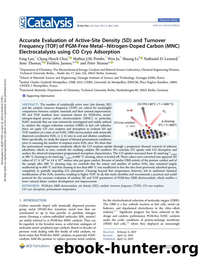 Accurate Evaluation of Active-Site Density (SD) and Turnover Frequency (TOF) of PGM-Free MetalâNitrogen-Doped Carbon (MNC) Electrocatalysts using CO Cryo Adsorption by unknow