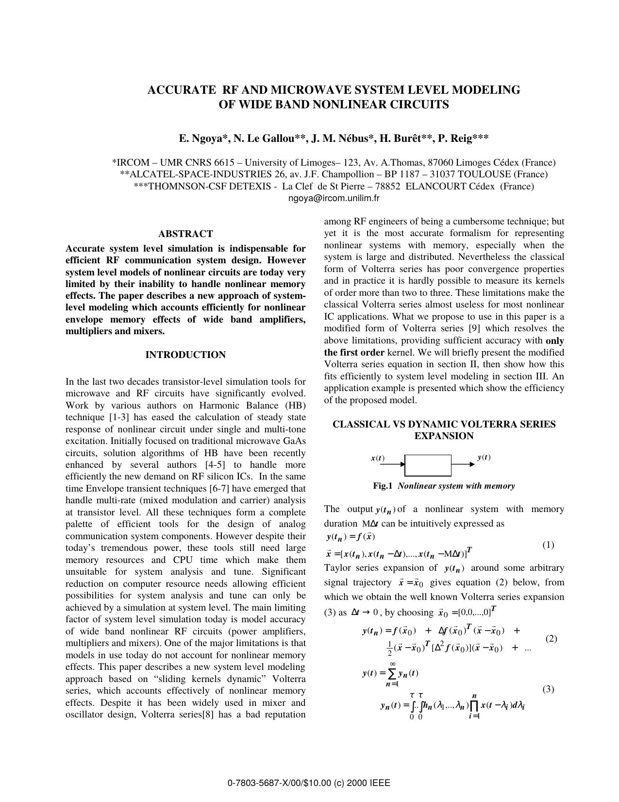 Accurate RF and Microwave System Level Modeling of Wide Band Nonlinear Circuits by E. Ngoya N. Le Gallou J. M. Nébus H. Burêt & P. Reig