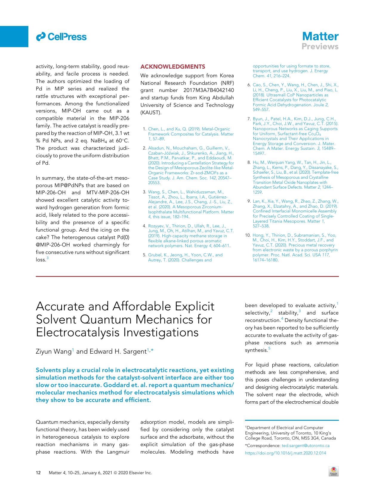 Accurate and Affordable Explicit Solvent Quantum Mechanics for Electrocatalysis Investigations by Ziyun Wang & Edward H. Sargent