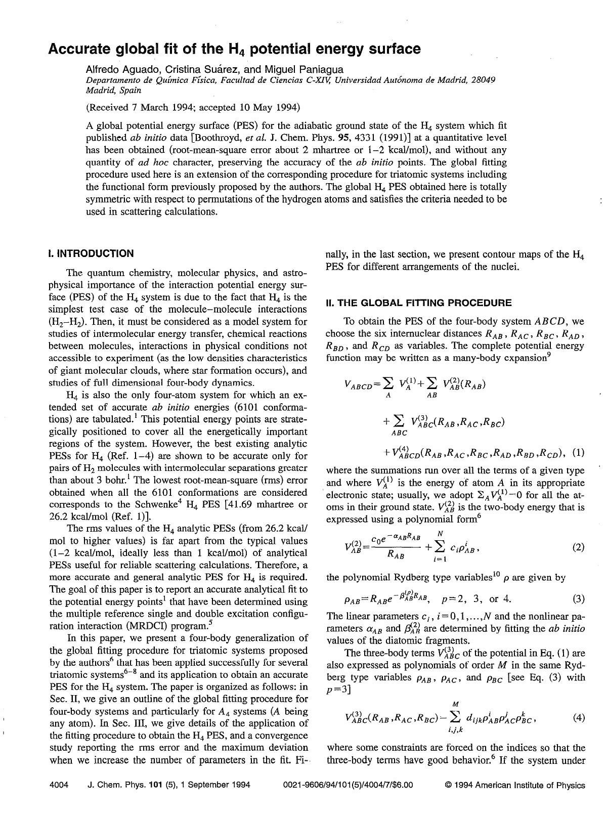 Accurate global fit of the H4 potential energy surface by Alfredo Aguado; Cristina Suarez; Miguel Paniagua