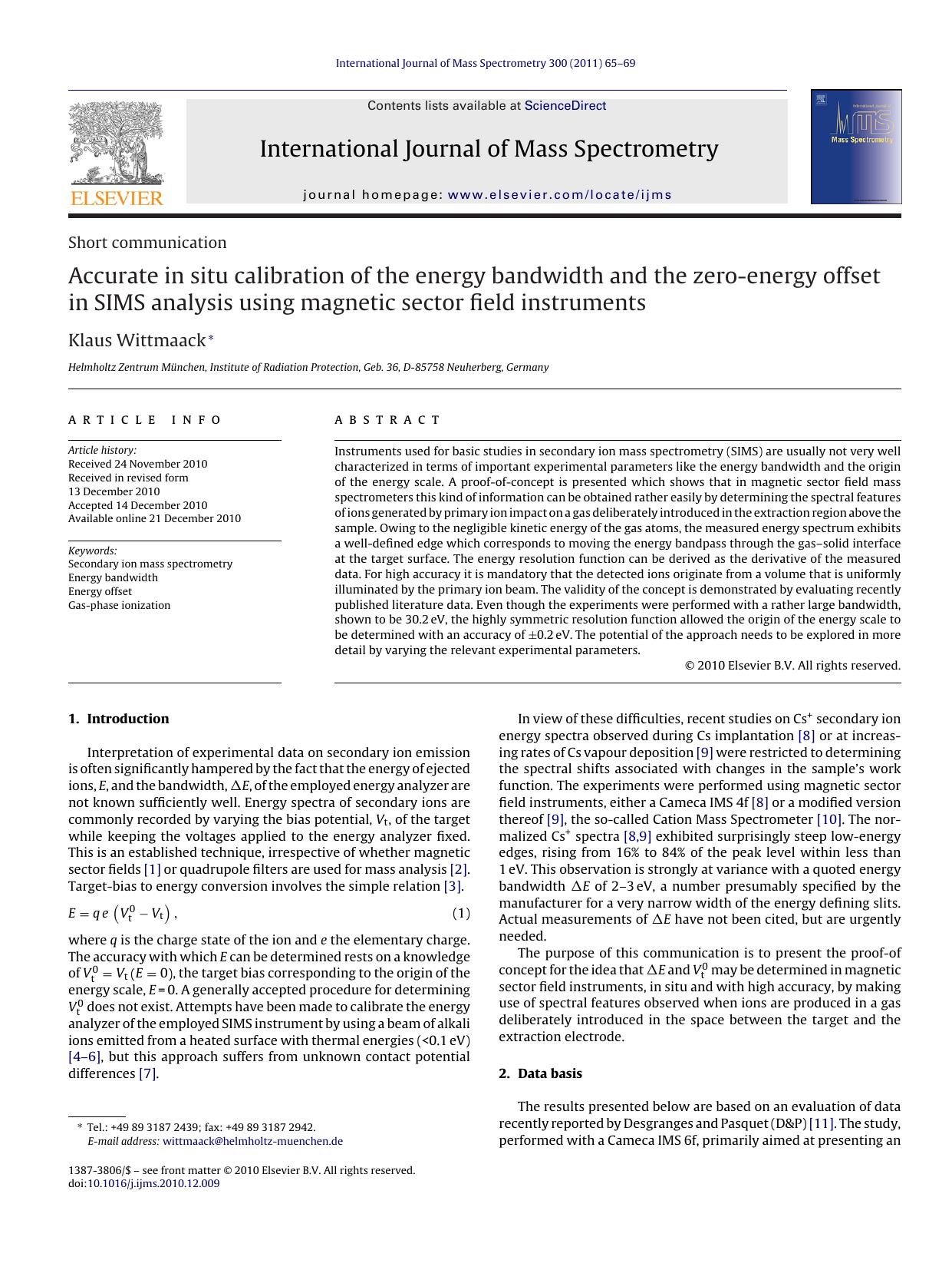 Accurate in situ calibration of the energy bandwidth and the zero-energy offset in SIMS analysis using magnetic sector field instruments by Klaus Wittmaack