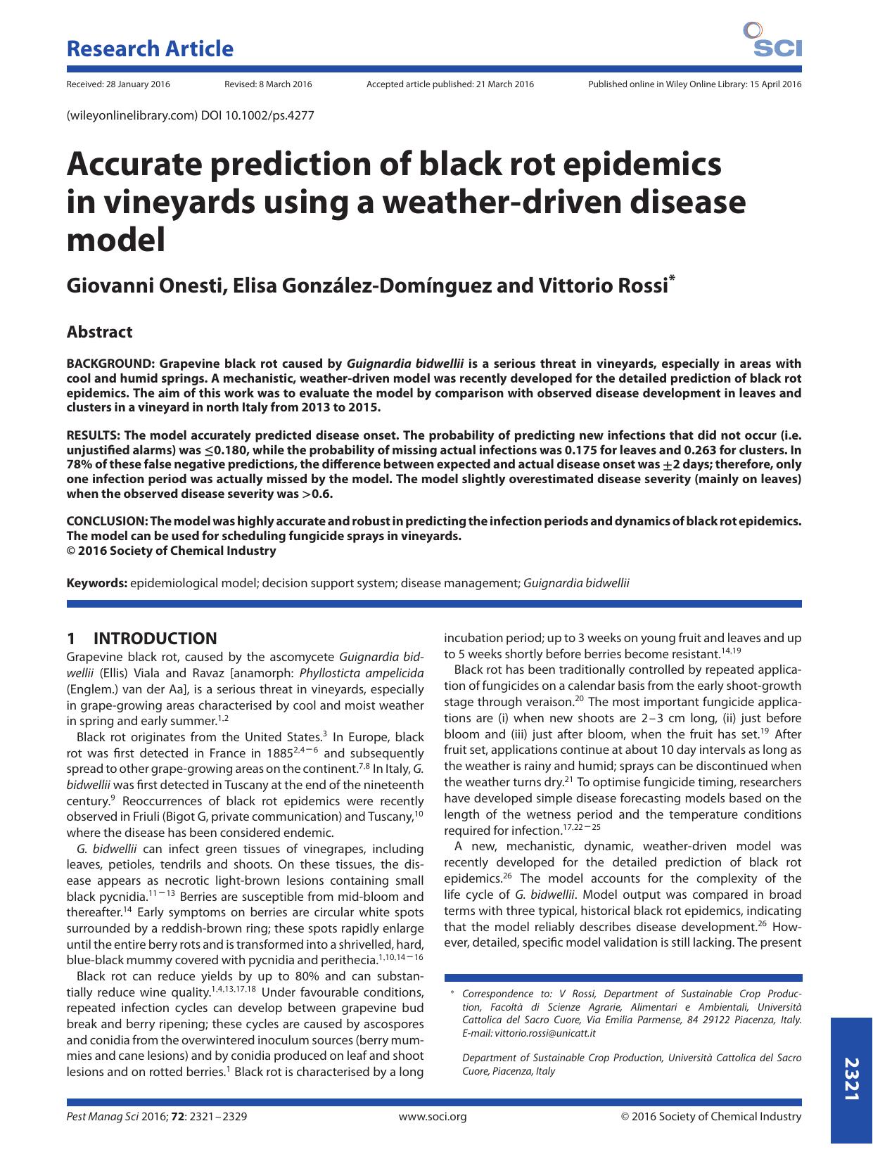 Accurate prediction of black rot epidemics in vineyards using a weather-driven disease model by Unknown