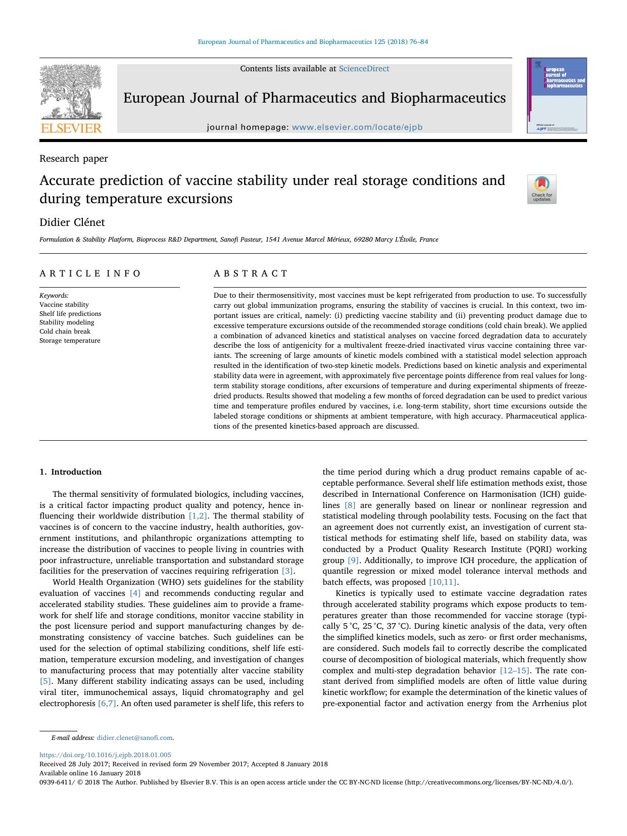 Accurate prediction of vaccine stability under real storage conditions and during temperature excursions by Didier Clénet
