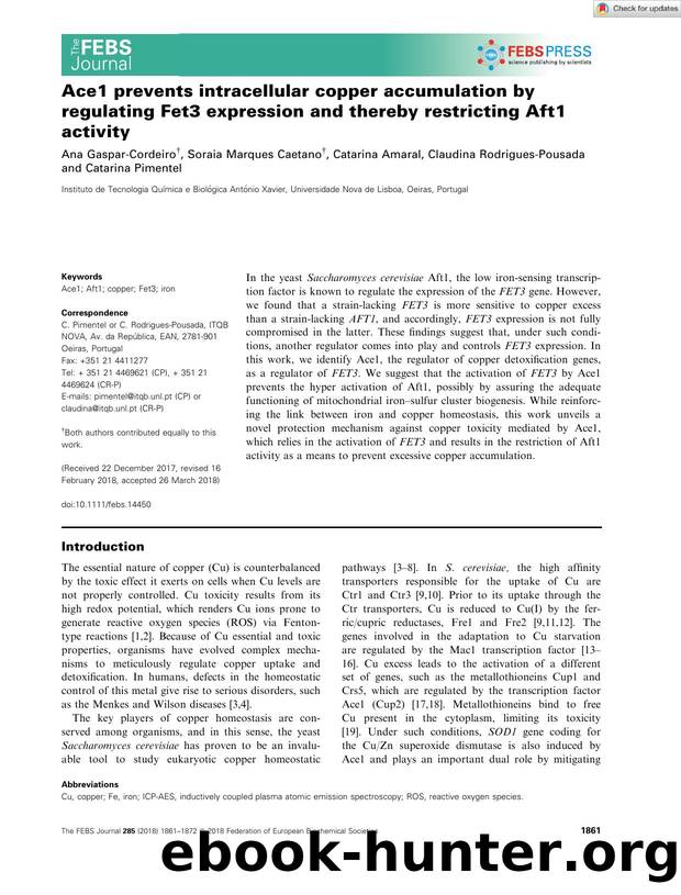 Ace1 prevents intracellular copper accumulation by regulating Fet3 expression and thereby restricting Aft1 activity by Unknown