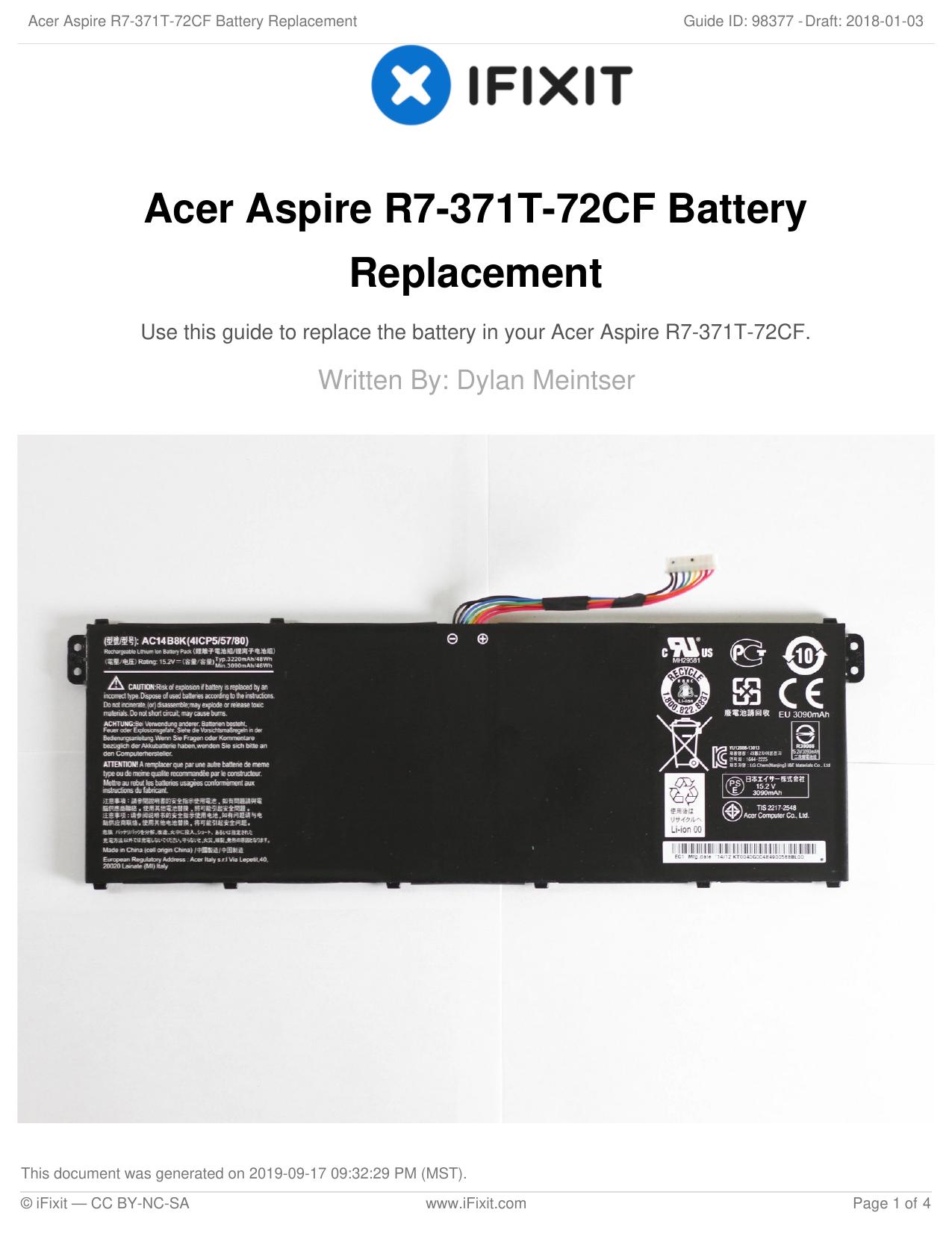 Acer Aspire R7-371T-72CF Battery Replacement by Unknown
