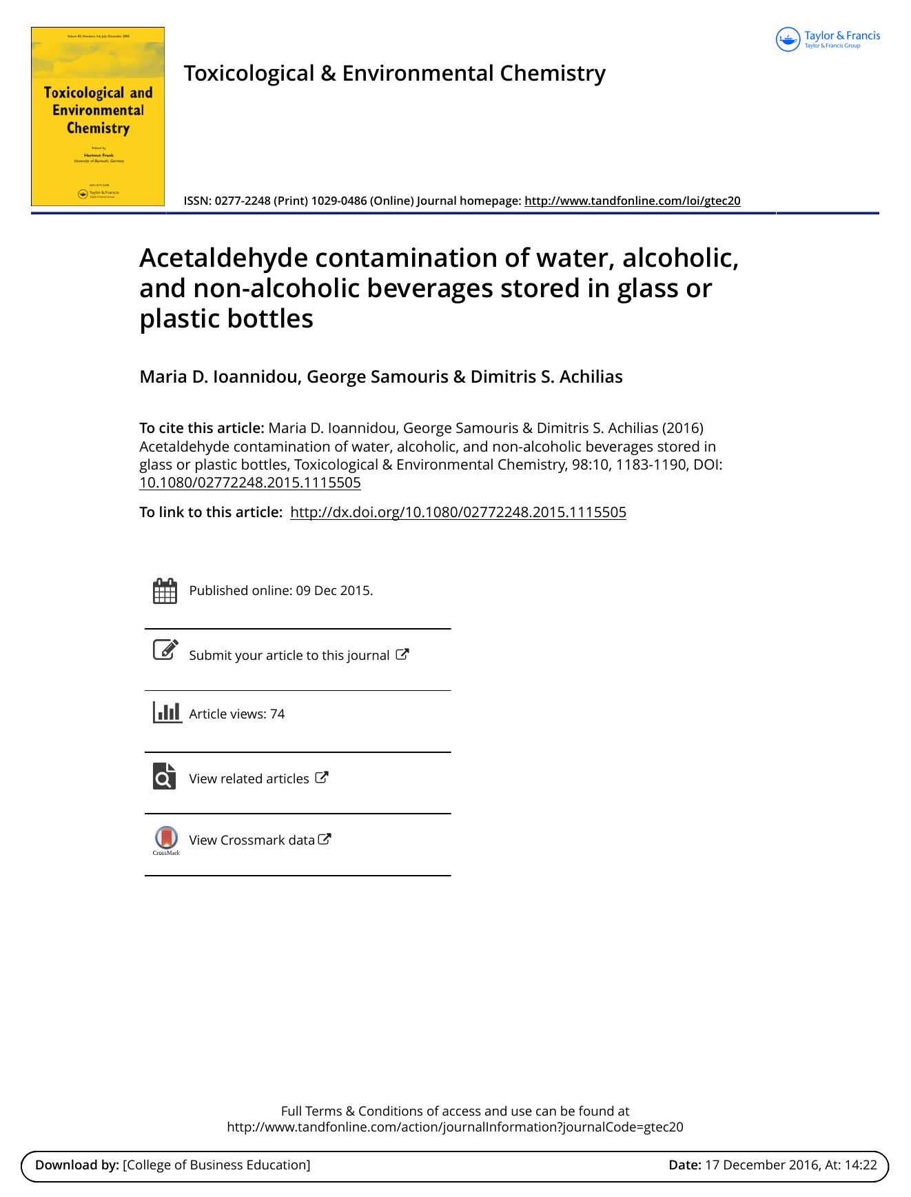 Acetaldehyde contamination of water, alcoholic, and non-alcoholic beverages stored in glass or plastic bottles by Maria D. Ioannidou & George Samouris & Dimitris S. Achilias