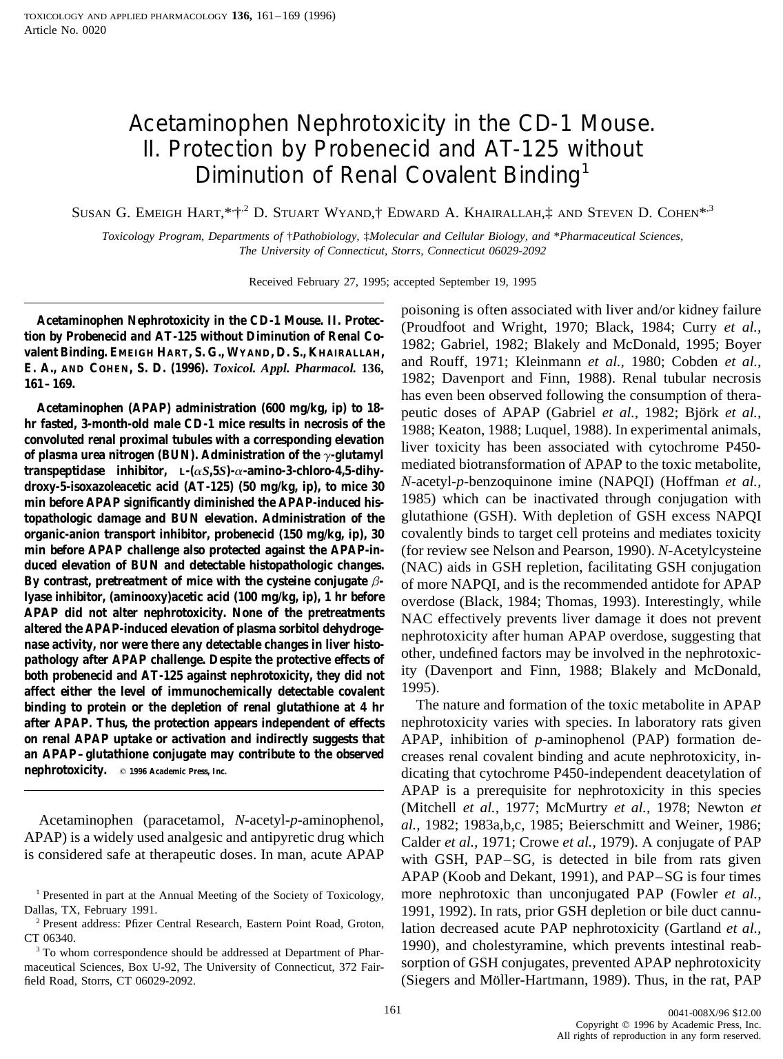 Acetaminophen Nephrotoxicity in the CD-1 Mouse. II. Protection by Probenecid and AT-125 without Diminution of Renal Covalent Binding by Hart S. G. E. et al
