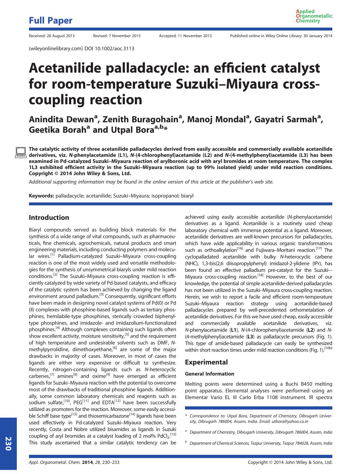 Acetanilide palladacycle: an efficient catalyst for room-temperature SuzukiMiyaura cross-coupling reaction by Unknown