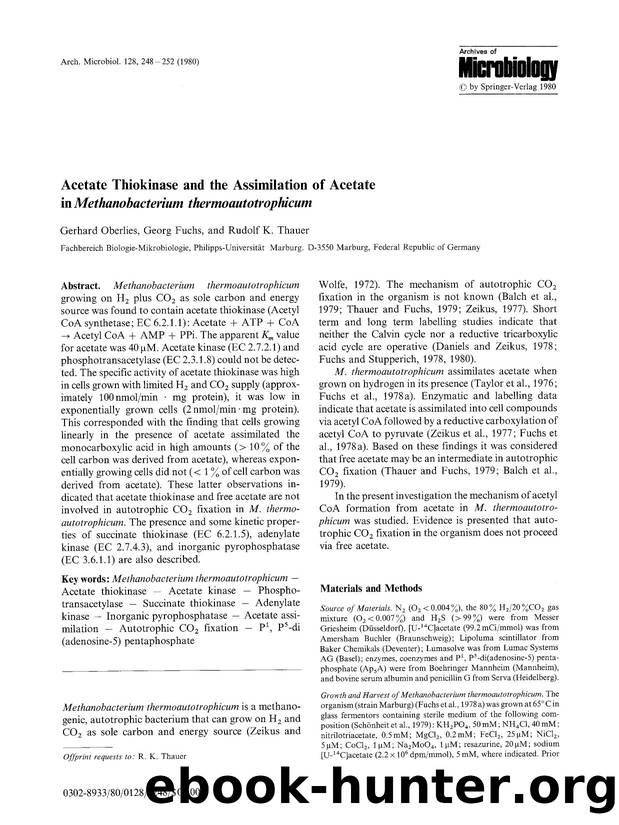 Acetate thiokinase and the assimilation of acetate in <Emphasis Type="Italic">Methanobacterium thermoautotrophicum<Emphasis> by Unknown