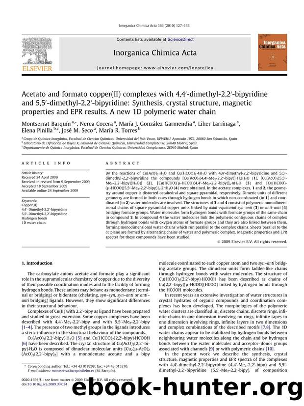 Acetato and formato copper(II) complexes with 4,4â²-dimethyl-2,2â²-bipyridine and 5,5â²-dimethyl-2,2â²-bipyridine: Synthesis, crystal structure, magnetic properties and EPR res by unknow