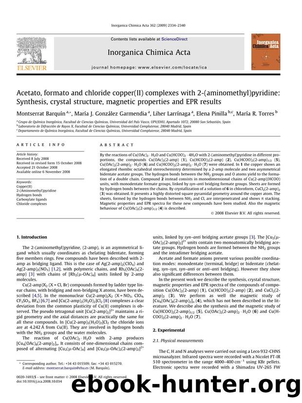 Acetato, formato and chloride copper(II) complexes with 2-(aminomethyl)pyridine: Synthesis, crystal structure, magnetic properties and EPR results by unknow