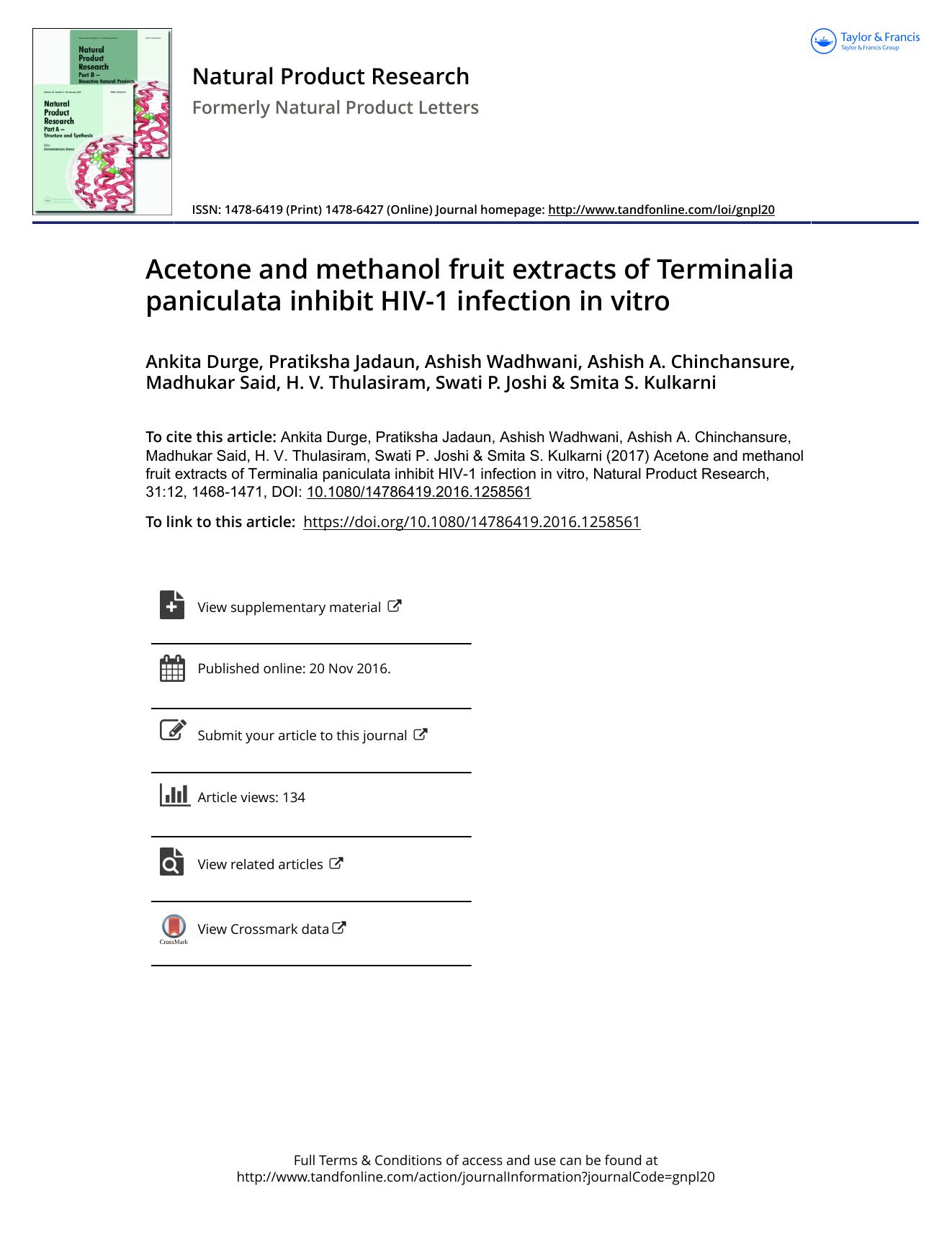Acetone and methanol fruit extracts of Terminalia paniculata inhibit HIV-1 infection in vitro by unknow