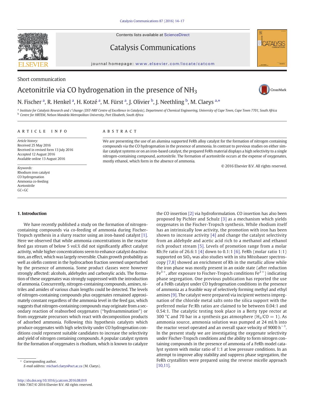 Acetonitrile via CO hydrogenation in the presence of NH3 by N. Fischer & R. Henkel & H. Kotzé & M. Fürst & J. Olivier & J. Neethling & M. Claeys