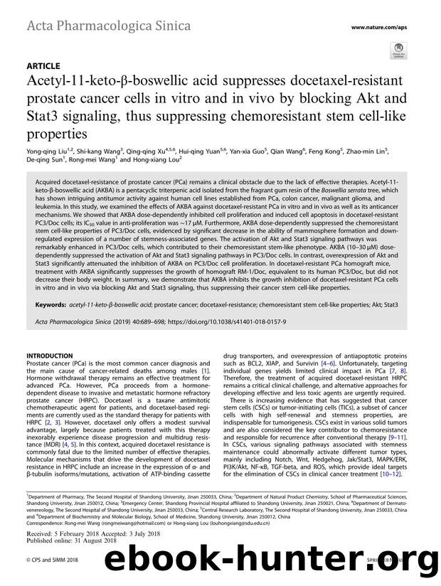 Acetyl-11-keto-ÃÂ²-boswellic acid suppresses docetaxel-resistant prostate cancer cells in vitro and in vivo by blocking Akt and Stat3 signaling, thus suppressing chemoresistant st by unknow